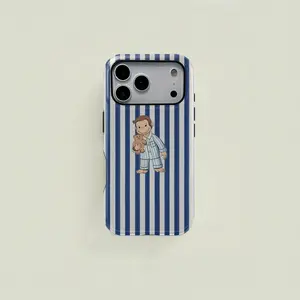 Cute Blue and White Striped Cartoon Monkey Design Double-layer Protective Case, Sturdy and Durable 2-in-1 Case,phone Case Suitable for Iphone 11/12/13/14/15/16/17 Pro Promax Plus Air. Simple and Stylish