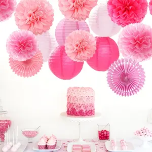 19-Piece Pink Paper Flower and Lantern Decoration Set - Bohemian Style for Valentine's Day, Weddings, Bridal Showers, Birthdays, Anniversaries | Festive Ceiling Decorations, Wedding Decorations in Various Sizes and Pink Shades Ornaments
