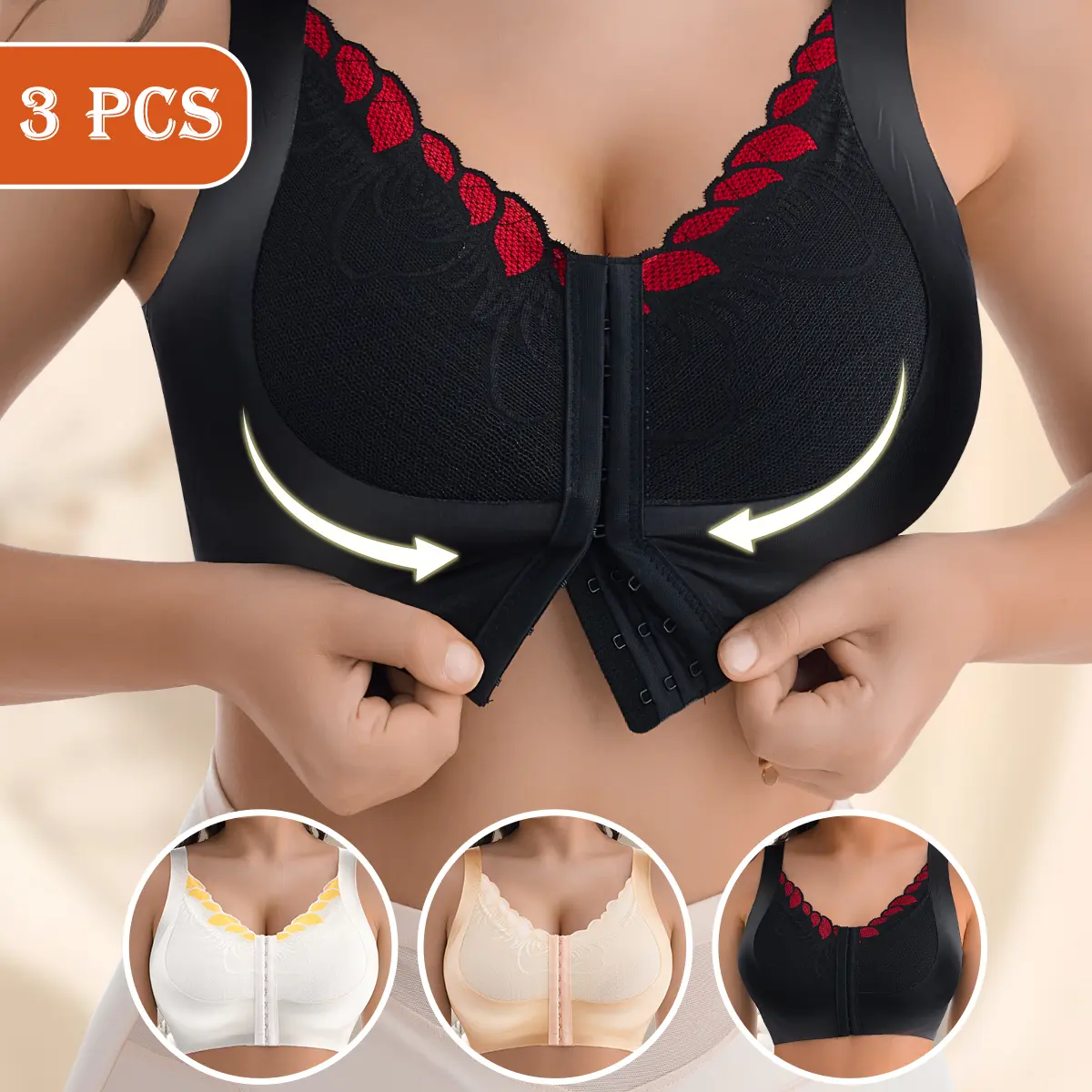 QUASTI Women's 3 Pcs Basic Lace Bralette Set - Lady's Wireless Colorblock Tank Bra, Soft Skin-Friendly Seamless Breathable, Contrasting Front Button, Push-Up Cup-Lifting Everyday T-Shirt Bra (S-XXL)