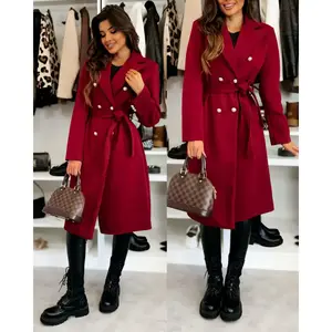 2025 New Women’s Autumn & Winter Woolen Coat – Red British Style, Medium Length, 3/4 Sleeves, Double-Breasted, Dual Pockets, Waist-Tie Design, Thick Warm Elegant Outerwear