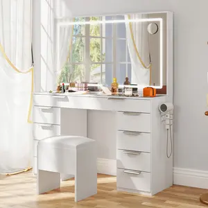 10-Drawer Makeup Vanity Dressers with Light Strip, Extra-Large Mirror, Power Hub and Hair Dryer Rack, Storage Bench, White