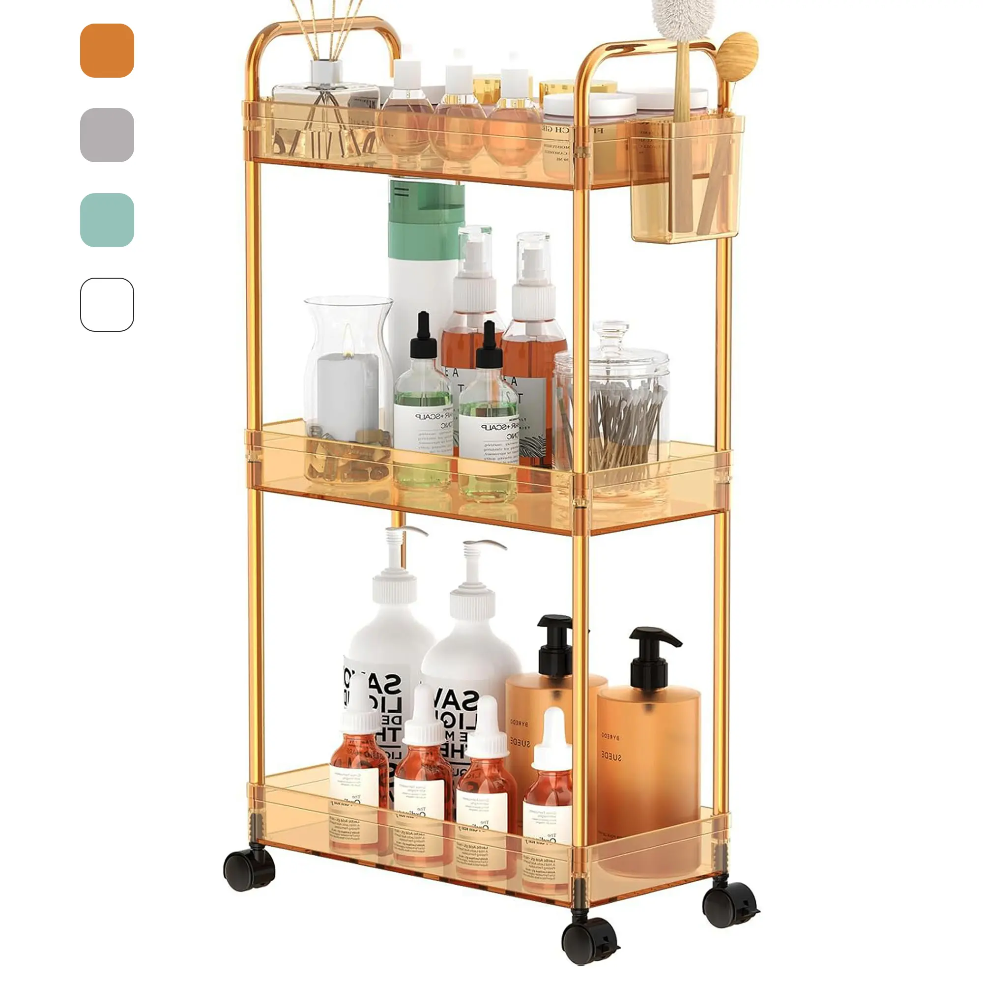 3 Tier Acrylic Storage Rolling Cart Clear Bathroom Cart Organizer, Transparency Laundry Room Organization Mobile Shelving Unit Multifunction Rolling Utility Cart for Office Living Room｜Amber｜Gray｜Green｜Clear