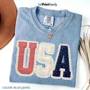 ( FAUX PATCHWORK-PRINT ) Comfort Colors Preppy 4th of July Shirt, Coquette USA Tee, Patriotic Retro Independence Day Shirt, Vintage 4th of July Graphic Tee - Printfamily