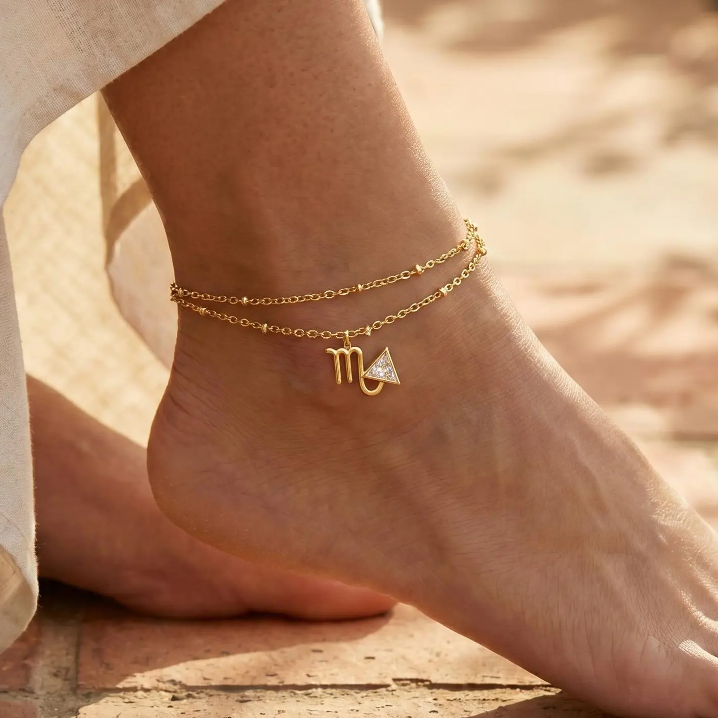 Aprilery Zodiac Waterproof Double Layer Anklet For Women Gold Tone Astrological Sign Hypoallergenic Dainty CZ Pendant Anklet Personalized Summer Trendy Stackable Jewelry Gift For Her tiktokshopbacktoschool