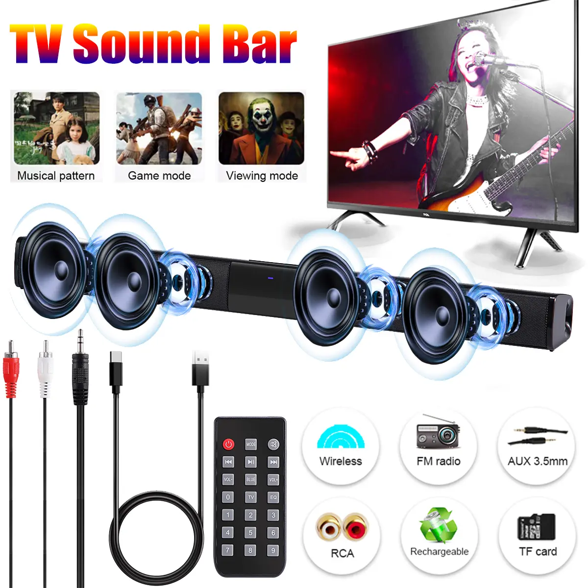 Dazone 20W Sound Bar for Smart TV Wireless Soundbar Speaker with Bluetooth RCA AUX Connect 3 Equalizer Modes for TV PC Gaming Projectors TWS Function 5.0 Bluetooth 3.5mm AUX Input FM Radio TF Card Support