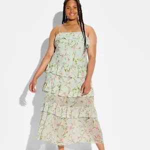 Women's Flounce Tiered Maxi A-Line Dress - Wild Fable Green Floral 3X