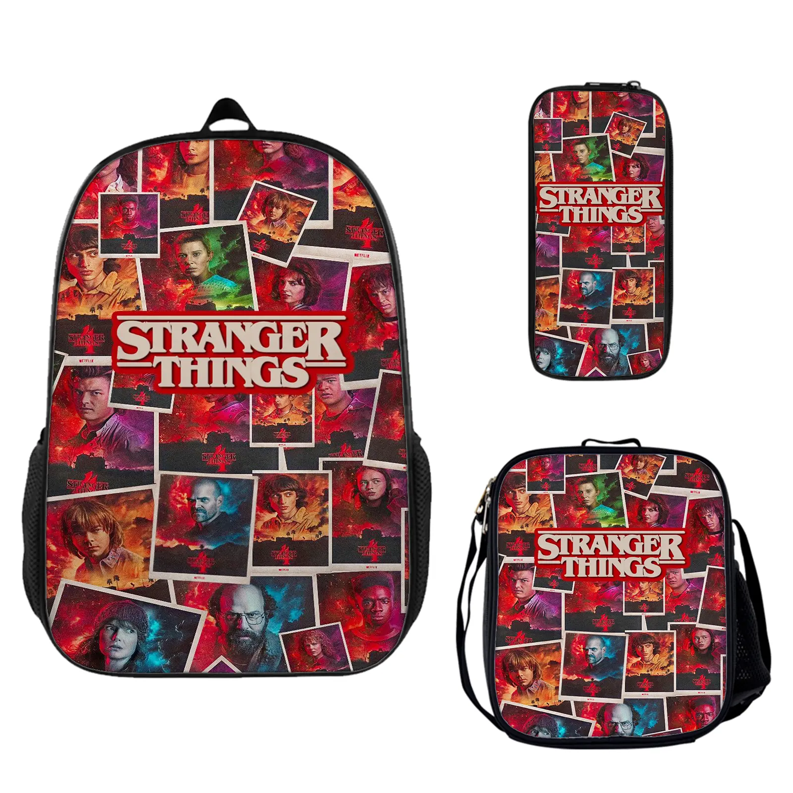 Stranger Things Cartoon 3-Piece Backpack Set - 1-Size Large Capacity Zipper Backpack, Vibrant Graphic Insulated Lunch Box, Pencil Pouch for Teen Fans, Lightweight School Bookbag Travel Daypack Birthday Gift c-223, Boy, One Size