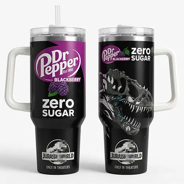 Dr Pepper Blackberry Zero Sugar Tumbler 40oz With Handle And Straw, JW T-rex Limited Edition Stainless Steel Insulated Travel Mug, Aesthetic Spill-proof Car Cup, Gift For Movie Soda Fans