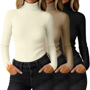 3 Pack Women's Ribbed Thermal Turtleneck Tops Long Sleeve Stretch Shirts Knitted Fitted Lightweight Base Layer