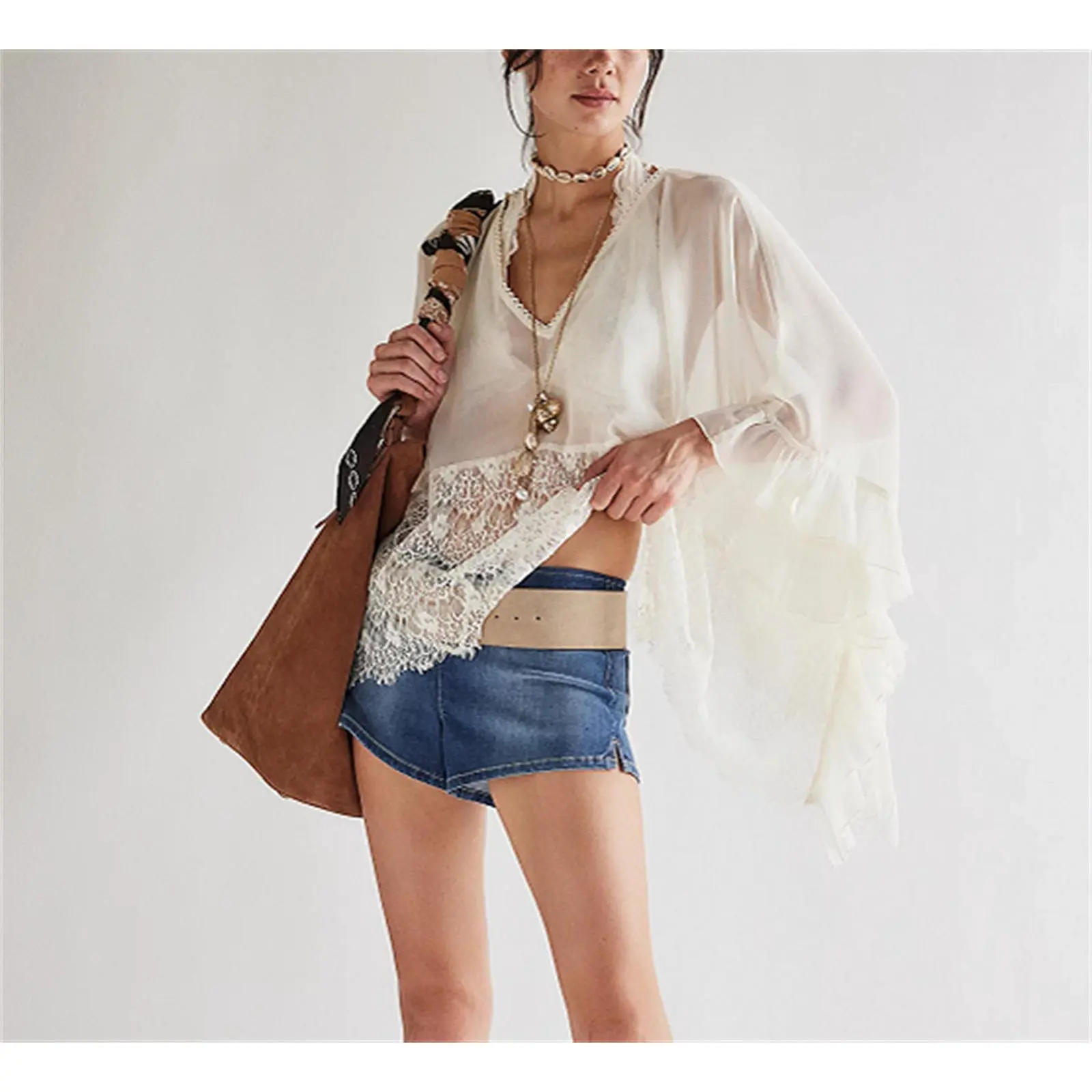 Women Contemporary Sheer Poncho Tops Oversized Batwing Sleeve Blouse Contrast Lace See Through Mesh Cover Up Ruffle Flowy Boho Shirt, effortless layering, chic everyday, refined casual