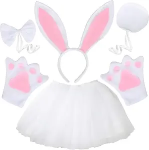 Kids Easter Bunny Costume Set 5PCS Rabbit Ears Headband Bow Tie Paws & Tail Cute Easter Party Supplies Accessories for Children