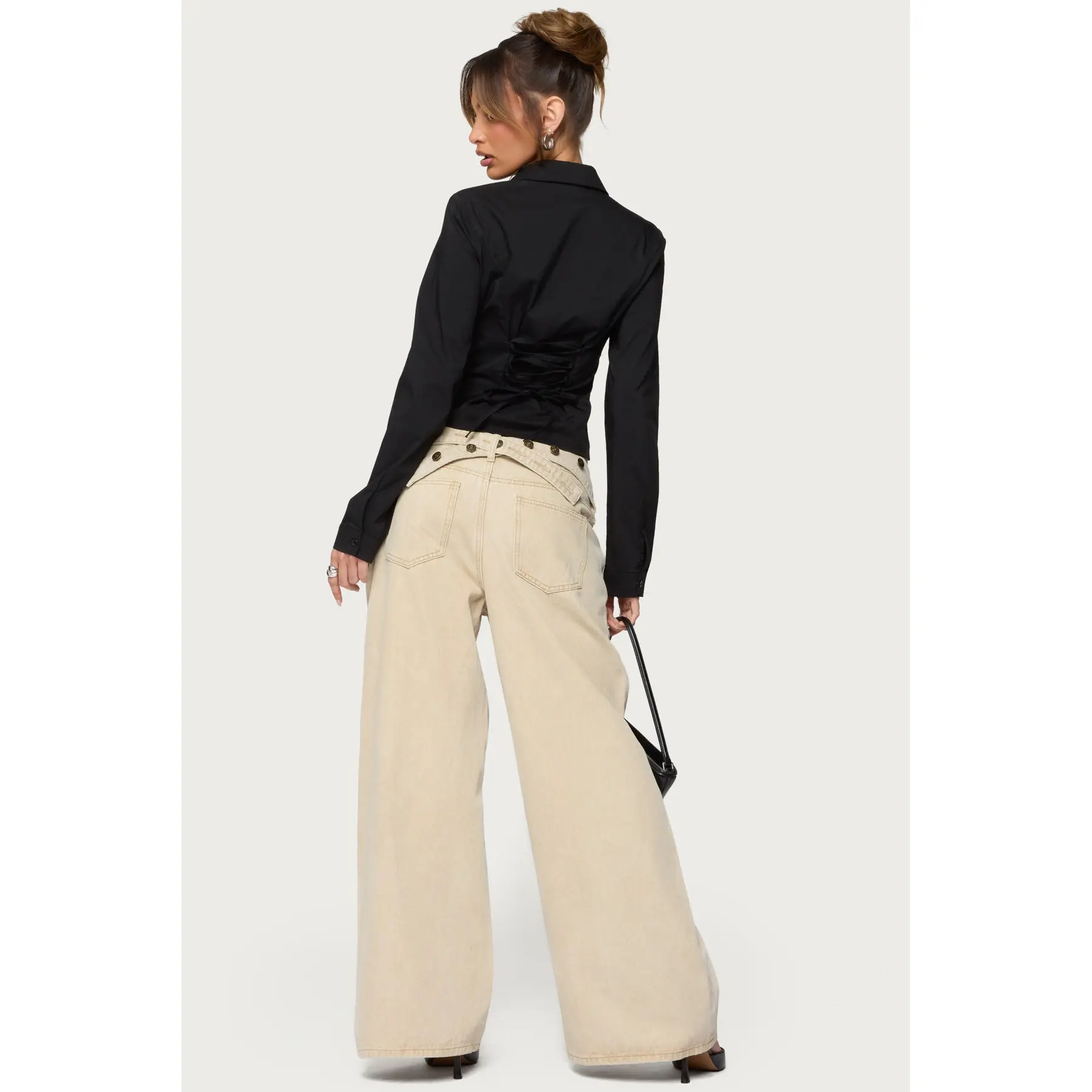 Buttoned Belt Low Rise Baggy Jeans