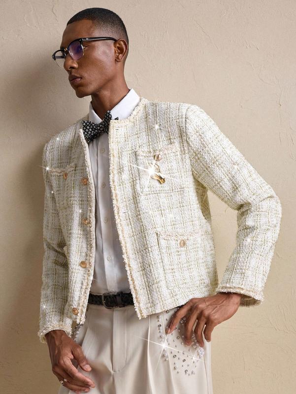 Jackets men - Men’s Tweed Business Casual Long Sleeve Jacket with Brooch for Fall Winter mens hoodies clothes for men vintage clothing men's clothing y2k clothing vacation outfits airport outfit jackets y2k clothes club outfit now birthday outfits