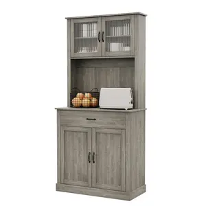Kitchen Pantry Cabinet with Microwave Stand and Coffee Bar, 71 Inch Tall Wooden Hutch Cabinet with Adjustable Shelves, 4 Doors, Glass Doors and Drawer, Freestanding Storage Cabinet for Kitchen Dining Room Living Room in White or Gray
