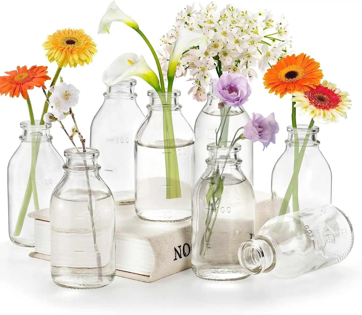 Set of 12 Glass Bud Vase, Small Milk Bottle Flower Vases Decorative Glass Bottles,  Bud Vases Centerpiece for  Decor Wedding Reception, Clear