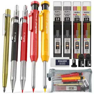 Nicpro 5 Pack Mechanical Carpenter Pencil Set with Sharpener, 76 Refills(Black, Red, Yellow) & Carbide Scribe Tool, Deep Hole Markers Construction Heavy Duty Woodworking Pencil for Architect with Case