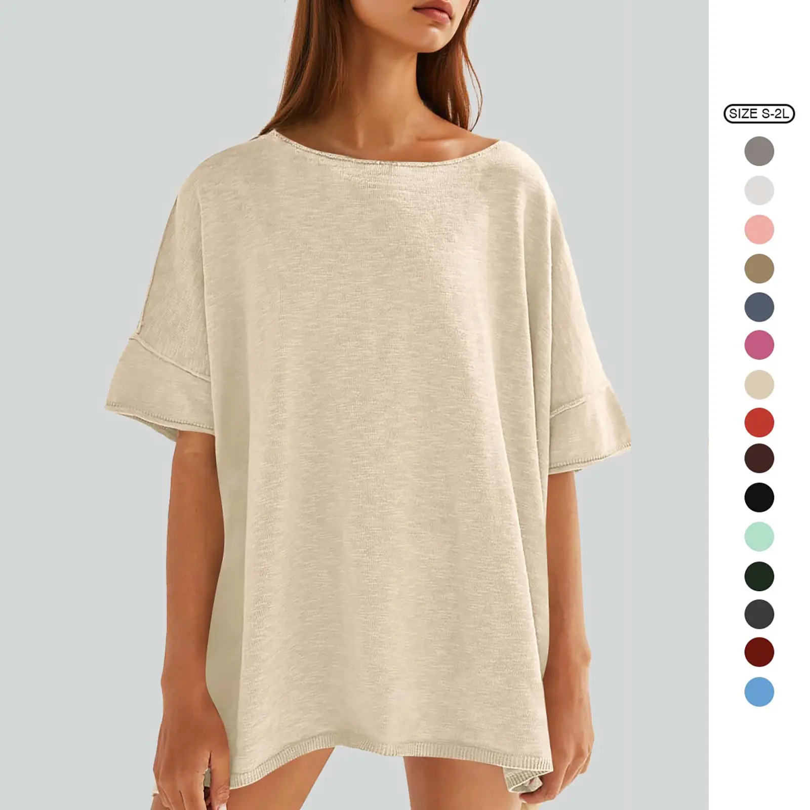 Imily Bela Women's Oversized T Shirts Casual Summer Crew Neck Loose Dropped Short Sleeve Side Slit Hem Blouse Tunic Tops