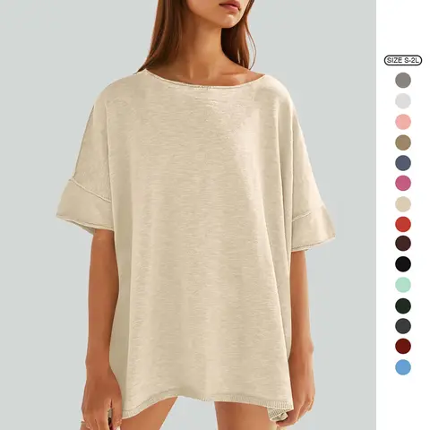 Imily Bela Women's Oversized T Shirts Casual Summer Crew Neck Loose Dropped Short Sleeve Side Slit Hem Blouse Tunic Tops