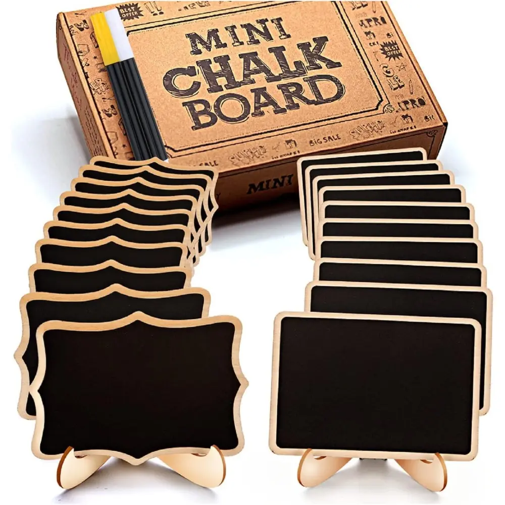 20-Piece Wood Frame Erasable Mini Chalkboard Signs with Easel Stand, Polygon Wooden Labels, Party Decorations for Mimosa Bar, Baby Shower Table Place Cards, Easy to Carry & Store