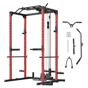 All-in-One Power Cage with LAT Pulldown System, 1200LBS Heavy Duty Squat Rack with Pulley Station, Multi-Functional Home Gym Equipment for Full Body Workout, Includes 20+ Accessories & J-Hooks, Space-Saving Fitness Station