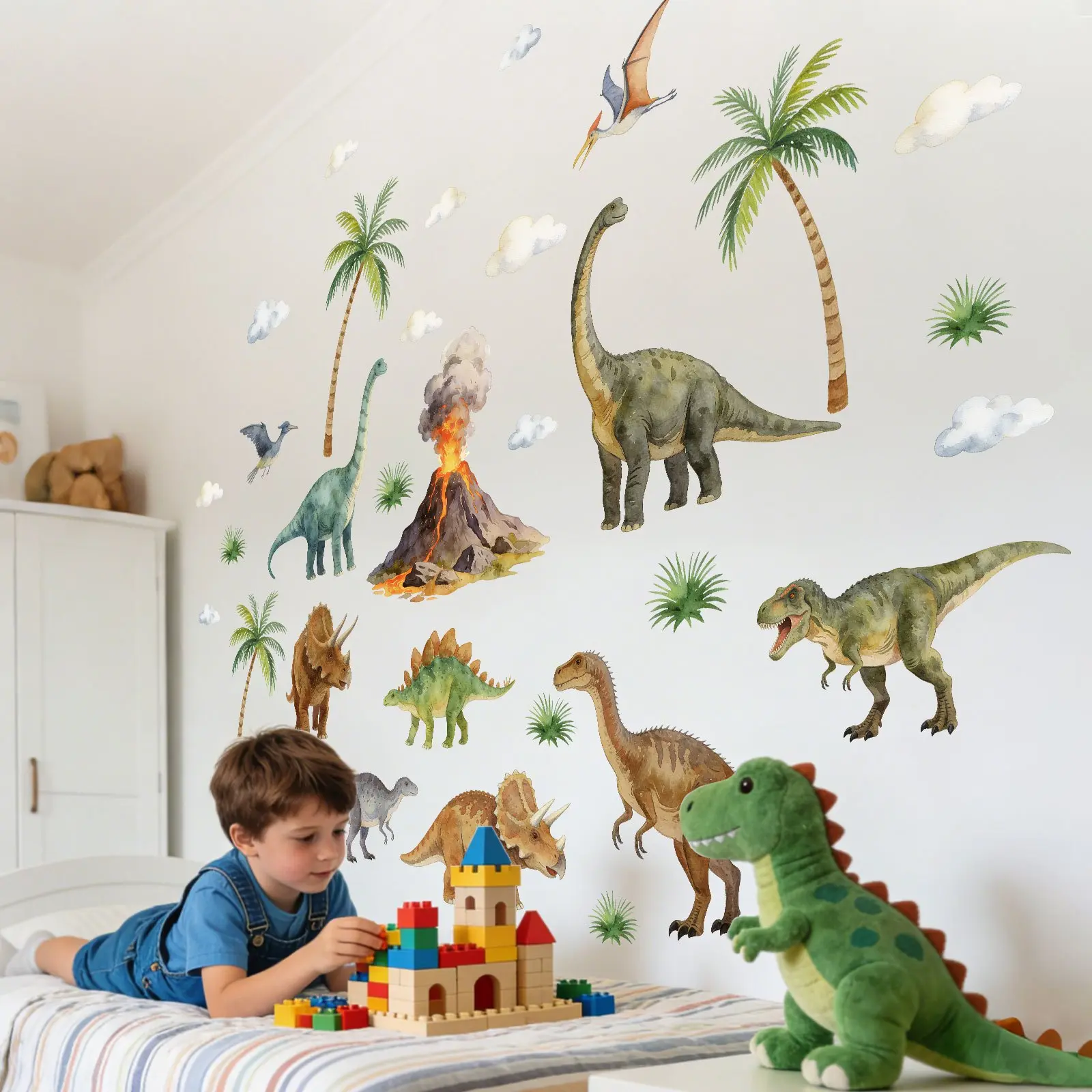 Dinosaur & Volcano Wall Stickers 30×90cm 2Pcs/Set Self-Adhesive Decorative Interior Stickers Wall Stickers Decorations Home Decor Room Decor Wall Decal Wall Art Stickers