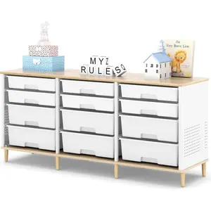 12-Drawer Storage Cabinet with Wooden Top and Plastic Bins, Toy Shelf Cubby Organizer for Home, Office, Playroom, Classroom & Craft Room (White)