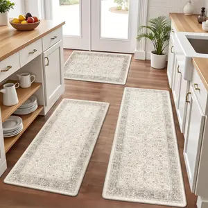 Anti Fatigue Kitchen Floor Mats Set of 3, PVC Foam Padded Kitchen Rugs, Non Slip Cushioned Comfort Standing Mat, Waterproof Sink Rug for Small Kitchen Area, Laundry Room, Khaki