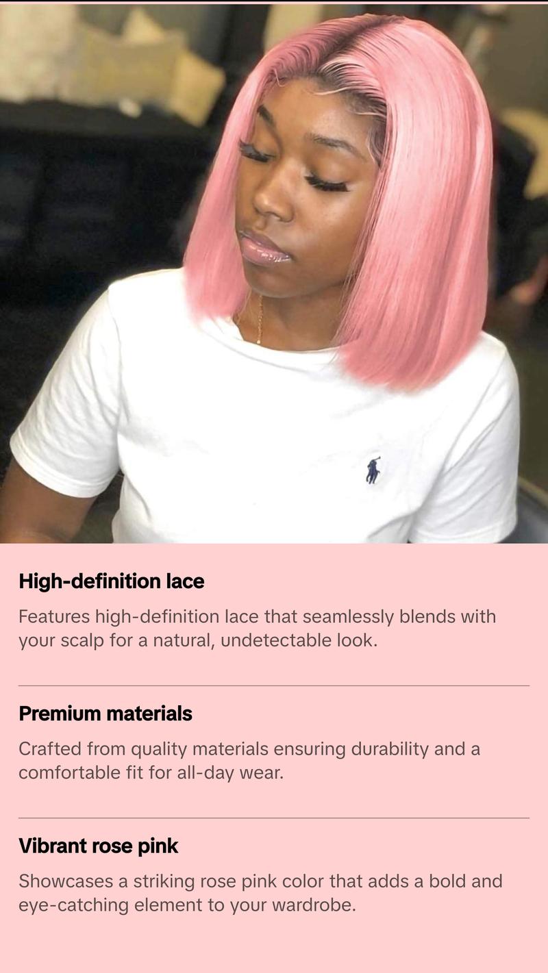 Rose Pink HD LACE FRONTAL BOB wigs. Human hair 180 density