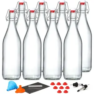 8 Pack [1 L / 33 fl. oz.] Swing Top Glass Bottles w/ Airtight Stopper Lids – Flip Top Brewing Bottle for Fermentation, Kombucha, Mead, Vinegar, Beer, Kefir, Wine, Soda – With 8 Extra Seals & 2 Pourers