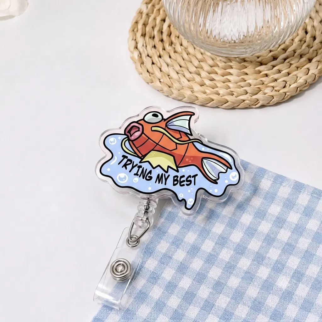 Funny Fish Badge Reel, Trying My Best Acrylic ID Holder, Retractable Nurse Badge Clip, Teacher Lanyard Accessory, Ocean Animal Lover Work Gift