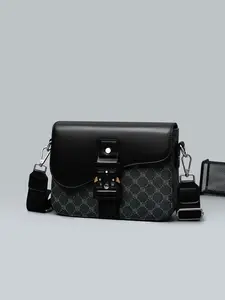 Men's Geometric Pattern Flap Closure Fashion Crossbody Bag, Multifunctional PU Leather Travel Bag, Casual Daily Use Work School Accessory, Stylish Crossbody Bags