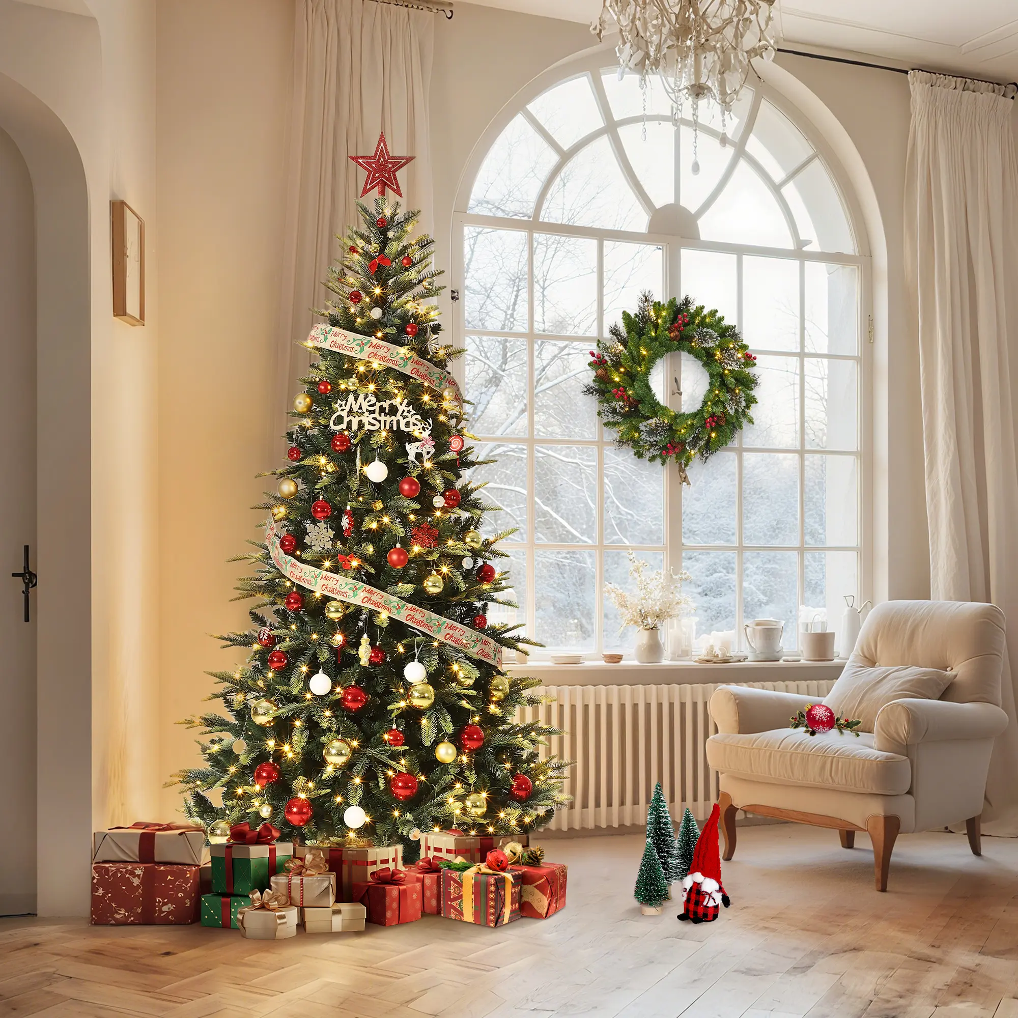 Garvee Pre-Lit Pencil Christmas Tree, 6.5-7.5 ft Slim Artificial Xmas Tree - 240-300 Warm White Lights (8 Modes) - Auto-Hinged Divisions, PE & PVC Suggestions - Collapsible Metal Stand for Home, Porch, Office, Party Decor