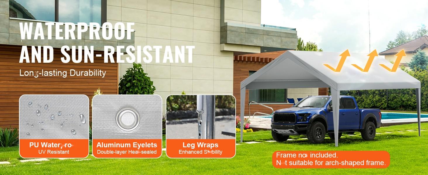 Carport Replacement Canopy Cover 12x20 ft for Outdoor Garage Shelter, Heavy-Duty Waterproof and UV Protected Top Tarp, Easy Install with Ball Bungees, Grey Color, All-Weather Durable Roof Cover, Only Top Cover, Frame Not Included