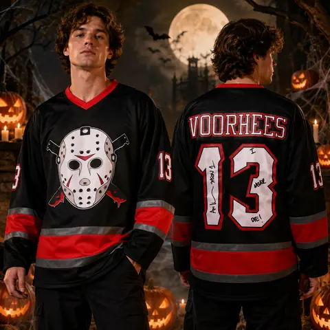 Hockey Jersey Jason Voorhees Men Big & Tall Size Stitched Signature Halloween Cosplay Long Sleeve Black Red Horror Jersey
