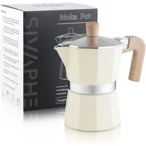Moka Pot 3 Espresso Cups, Percolator Espresso and Coffee Maker, Portable Stovetop Italian and Cuban Cafe Brewer for  and Camping White