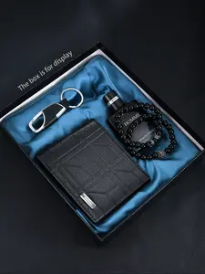 Elegant Wallet Five-Piece Gift Box Set, Classic Plaid Short Wallet, Small Practical Keychain, Scented Perfume, Perfect for Men Daily or Holiday Gifts, Business Style Wallet