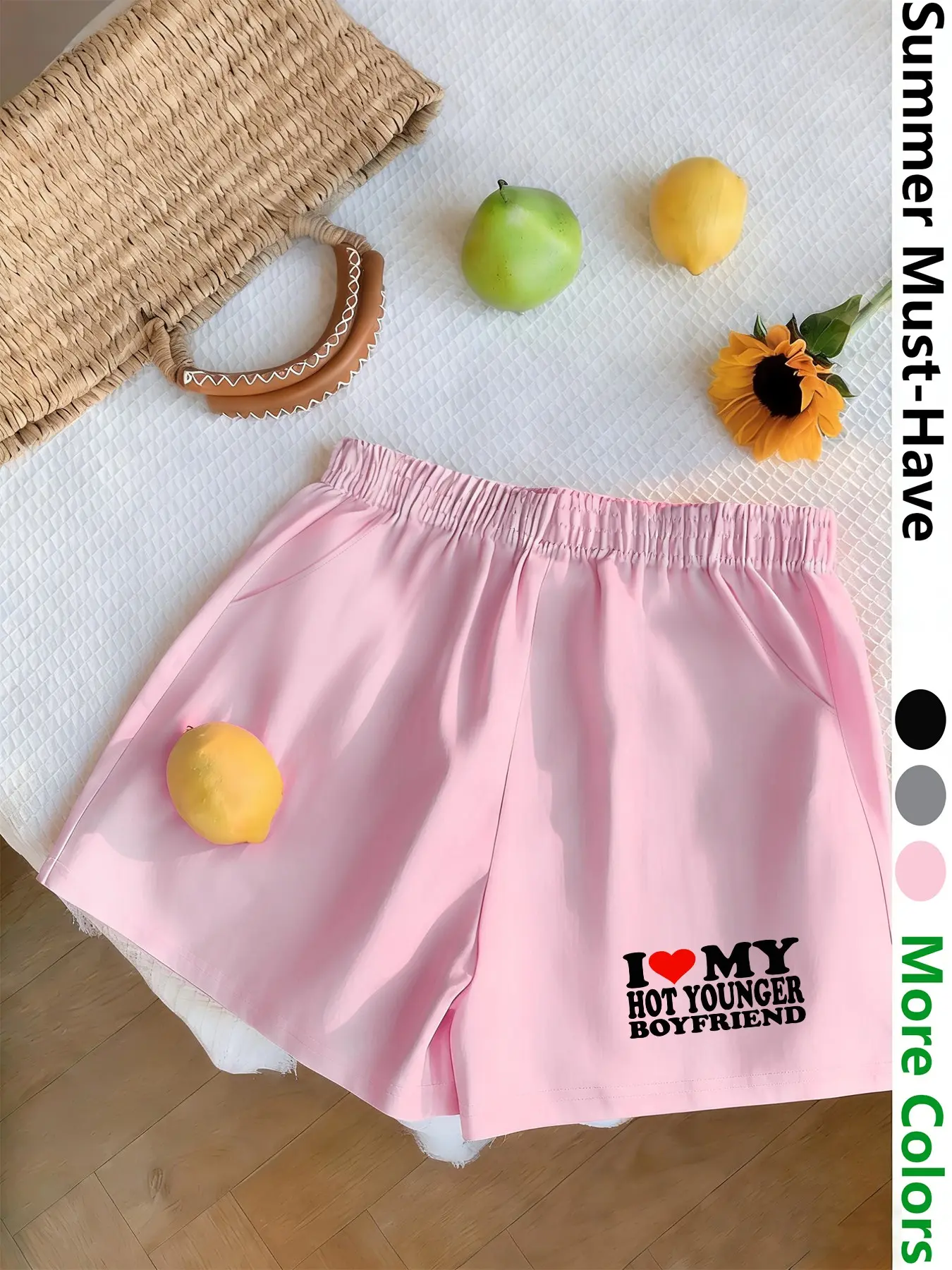 Women's Casual Elastic Waist Shorts Humorous "I ❤️ My Boyfriend" Slogan Print Three Colors Available Must-Have Summer Style Soft & Skin-Friendly Easy On/Off Machine Washable Versatile for Commute, Outdoor, Daily & Home Stylish & Fashionable Hot Pants