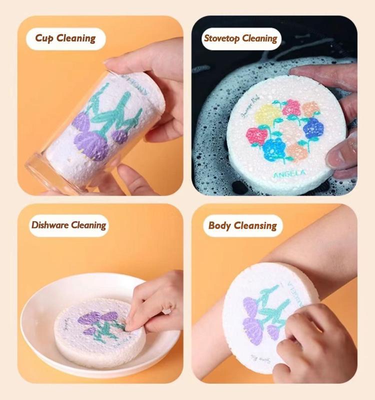 Wood-Based Eco-Friendly Cellulose Scrubber Pads - Scratch Free, Thickened Soft, High-Absorbency Expandable Foam Floral, 2026 Cute Home Care Cleaning Tools for Kitchen & Bathroom, Scratch Free Sponges, Scrubber Pad