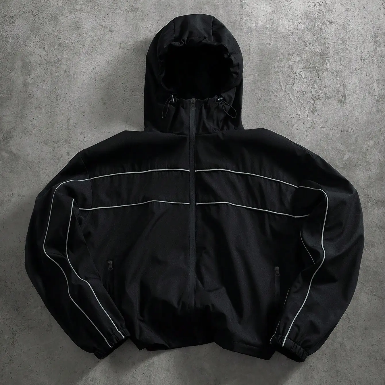 Men Black Reflective Stripe Hooded Cropped Windbreaker Jacket, Full Zip Drawstring Hood Elastic Cuff Oversized Loose Techwear Streetwear Y2K Racing Outer Coat