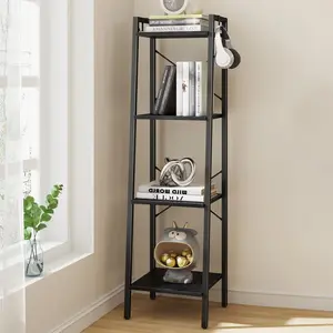 Ladder Shelf, Bookshelf Bookcase, Freestanding Corner Storage Shelve with 2 Hooks for Home Office, Living Room, Kitchen, Bedroom, Industrial, 11.8" D x 13.4" W x 47.2" H, Black