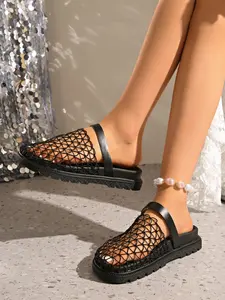Summer New Fishnet Mesh Hollow Out Slippers for Women, French Style Toe-Open Sandals, Chunky Heel Mules, Outdoor Wear