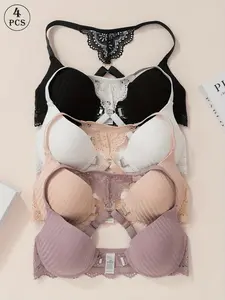 4-Pack Women's Cotton Lingerie, Front Buckle Lace Back Bra, Push-Up Anti-Sag Underwire Bras, Ditsy Floral Pattern, Max Support, All Seasons