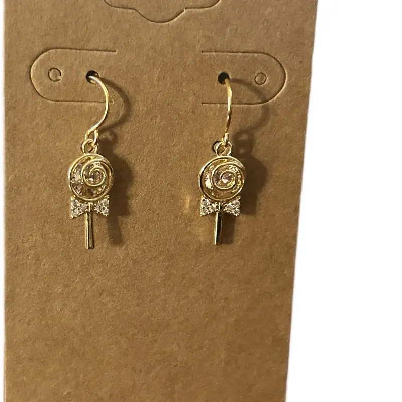 Gold Lollipop Earrings with Sparkling Details and Bow Design for Stylish Looks-SO CUTE Gold Tone Lollipop Charms Filled with Tiny Pastel Pink Crystals-Hypoallergenic and Nickel Free ~ Jewelry For You By Beck