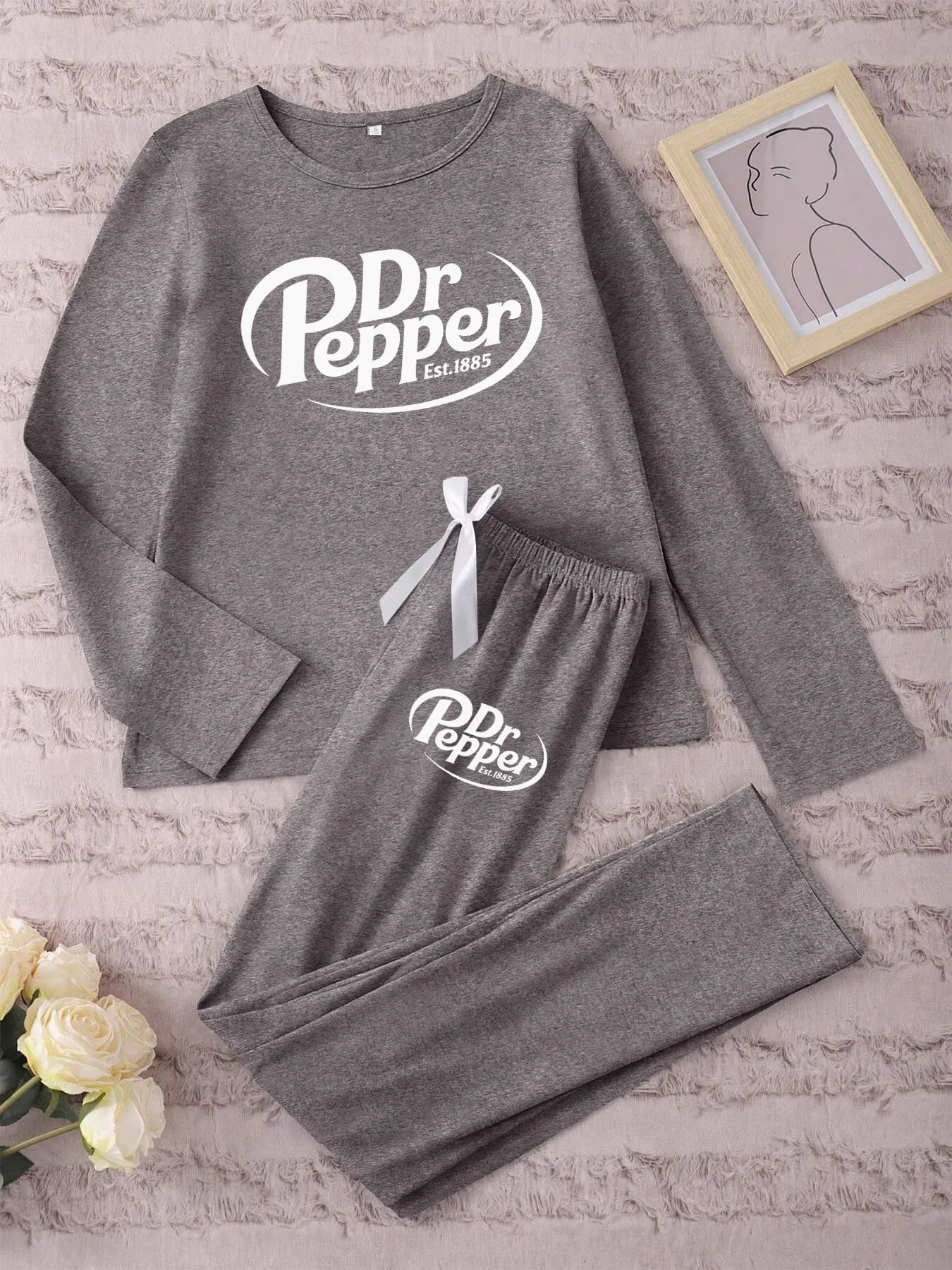 Women's Long Sleeve Pajama Set Dr Pepper Print, Casual Fitted Loungewear Sleepwear for Spring & Fall, Comfortable Nightwear for Women Pyjamas