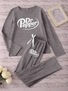 Women's Long Sleeve Pajama Set Dr Pepper Print, Casual Fitted Sleepwear & Loungewear for Spring & Fall, Comfortable Nightwear for Women