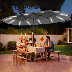 [2026 Upgrade] 13ft/15ft Solar LED Double-Sided Patio Umbrella with Base, UPF 50+ UV Protection Large Rectangular Outdoor Umbrella with Crank for Garden Deck Poolside