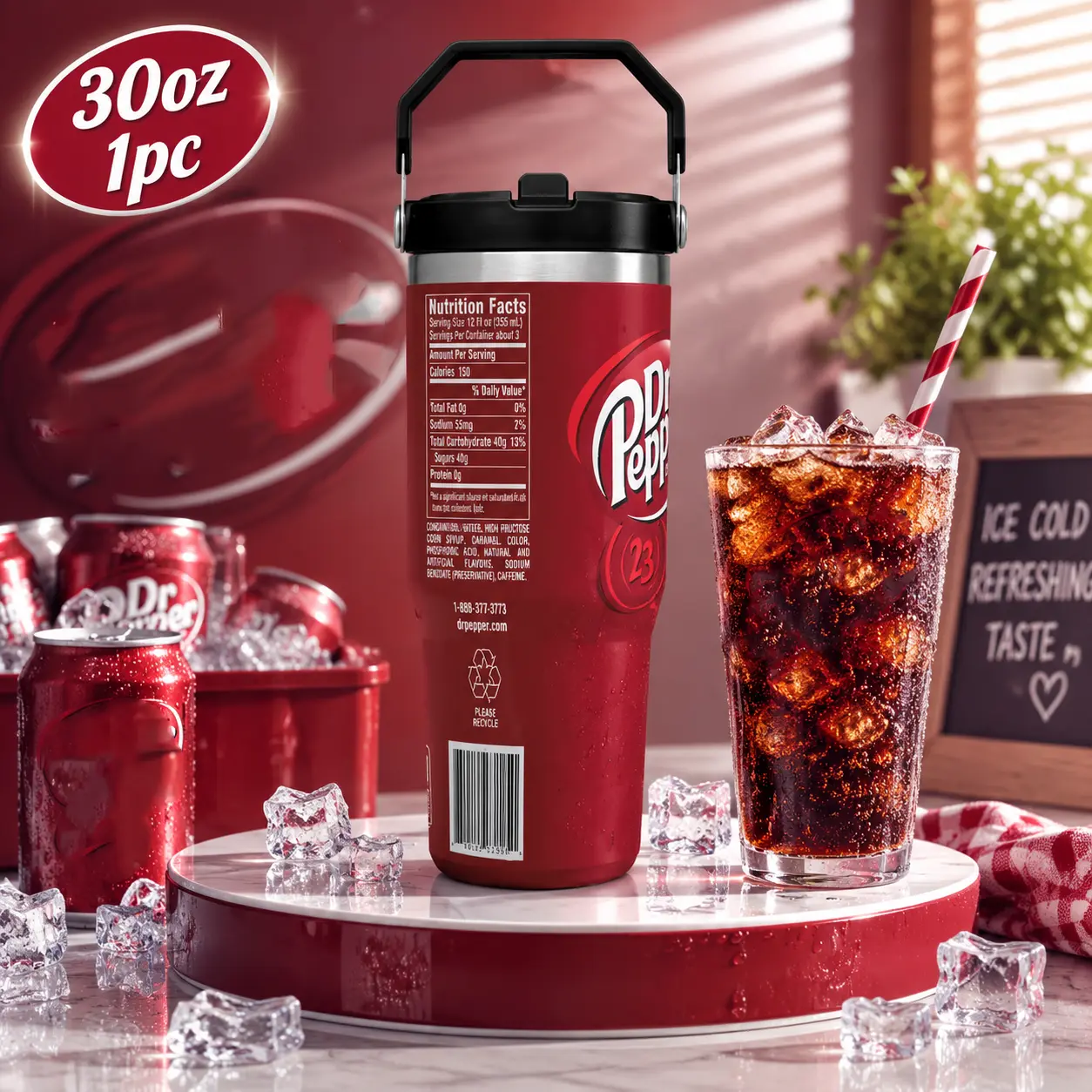 30oz Stylish DrPepper Stainless Steel Insulated Tumbler Flask - Round Shape, Handle Lid, Straw, Leak-Proof, Large Capacity Reusable Cup for Coffee, Tea, Home/Car Use, Pepper Lovers' Essential Gift