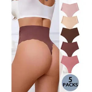 5-Pack Wave Hem Thongs, Comfortable Ice Silk Seamless High Waist Underwear, Casual Fitted High Waist Panties, All Seasons