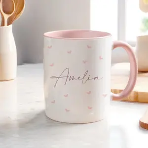 Custom Name Mug with Pink Love Hearts Design, Personalised Mug for Her, Cute Coffee Cup For Valentine Gift Ideas