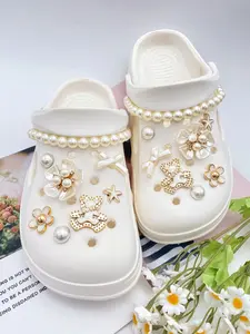 16 Piece Abs Pearl Chains Set, Camellia Stars Letters Bear Bow Five-Petal Flower, DIY Shoe Clips Accessories for Women Sandals Slippers Beach Bags, Croc Charm Set, Bling Shoe Charms